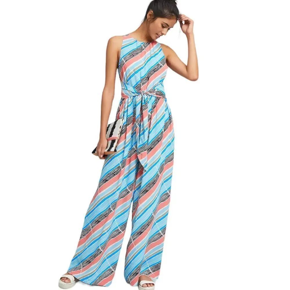 Anthropologie Plenty Tracy Reese Juilliard stripe jumpsuit xsmall blue and coral